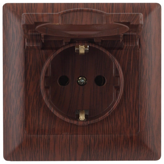 Розетка Intro Solo 4-203-10 с заземлением 2P+E Schuko с крышкой, 16А-250В, IP20, СУ, венге
