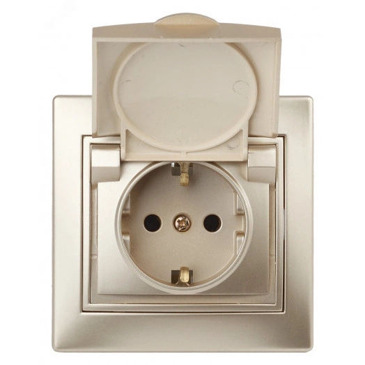 Розетка Intro Plano 1-203-04 с заземлением 2P+E Schuko с крышкой, 16А-250В, IP20, СУ, шампань