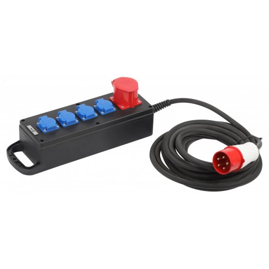 Удлинитель силовой IND380-U-5e-5x2,5-5m-IP44 380В на каучуковой колодке 5 розеток 1xCEE 5P/4xSCHUKO 5м КГ 5х2,5