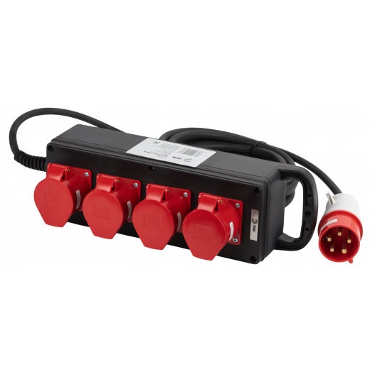 Удлинитель силовой IND380-U-4e-5x4-10m-IP44 на 380В на каучуковой колодке 4 розетки 4xCEE 5P 10м КГ 5х2,5 32A IP44