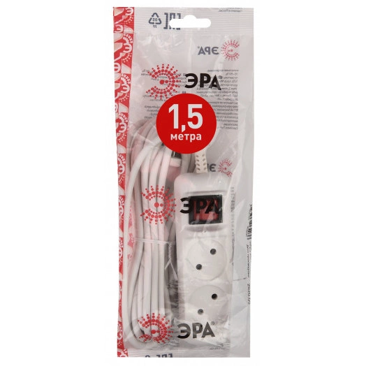 Удлинитель электрический U-2s-1,5m-2x1 без заземления c выключателем 2 розетки 1,5м ПВС 2x1мм2 10А