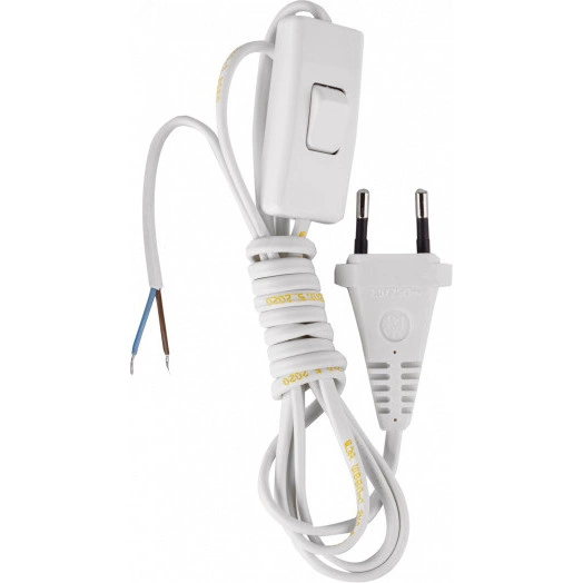Шнур сетевой с вилкой и проходным выключателем ШВВП 2х0,5 белый 1,7м