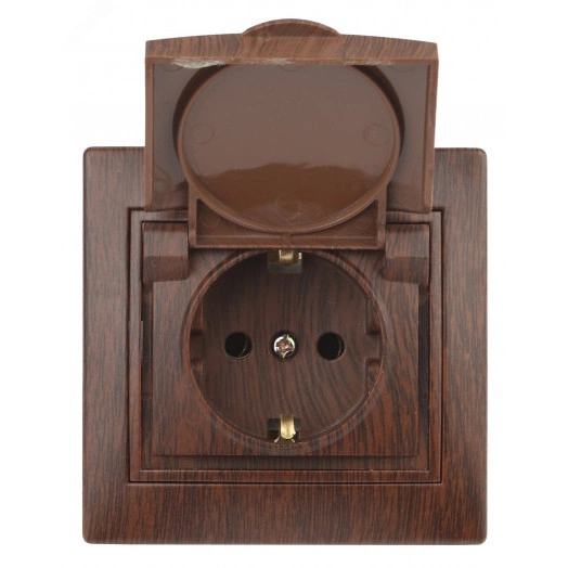 Розетка Intro Plano 1-203-10 с заземлением 2P+E Schuko с крышкой, 16А-250В, IP20, СУ, венге