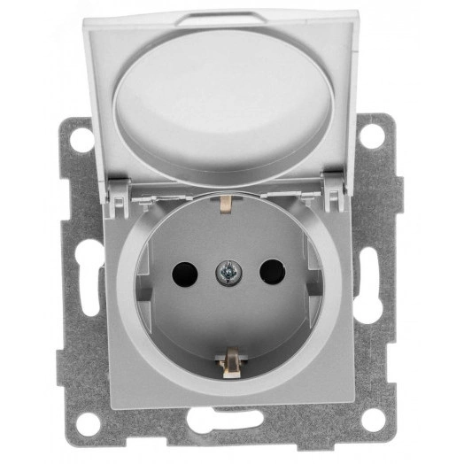 GUSI Ugra МЕХАНИЗМ Розетки одинарной с заземлением с защитной шторкой и крышкой, в комплекте с кожухом IP44 К502, скрытая установка, 16А, 250В. Цвет серебро