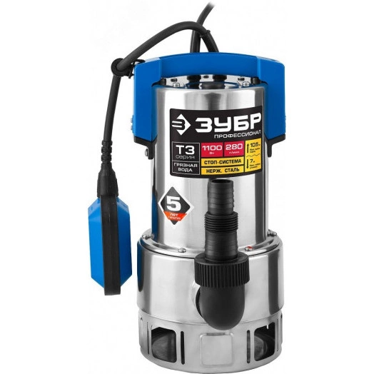 Насос дренажный для грязной воды Профессионал НПГ-Т3-1100-С ЗУБР, 1100 Вт, корпус нерж.сталь