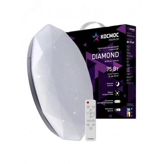 Светильник светодиодный ДБО-75 Вт настенно-потолочный управляемый DIAMOND 230В 3000-6500K 6000Лм 500x90мм