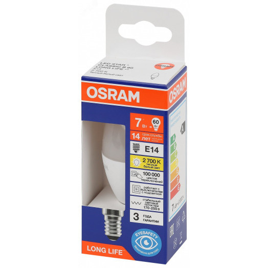 Лампа светодиодная LED 7Вт Е14 2700К 600Лм свеча 220В (замена 60Вт) OSRAM