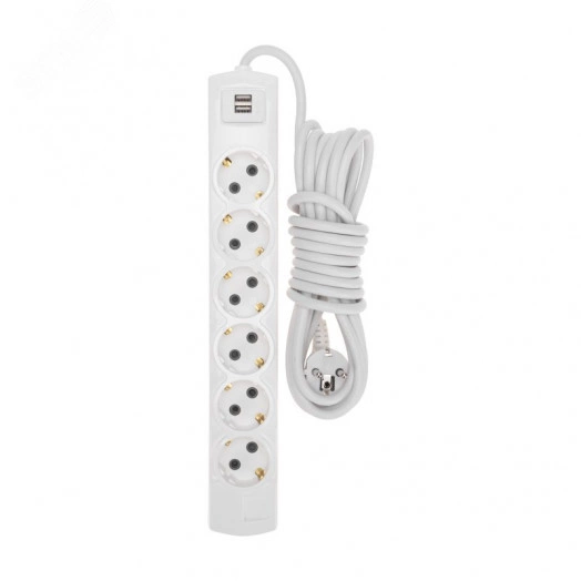 Удлинитель PREMIUM 6 гнезд, 5 м, 3х1,5 мм2, с/з, 2 USB, белый