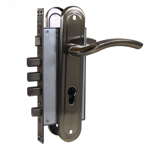 Замок врезной цилиндровый с ручками для мелаллических дверей АЛЛЮР ЗВ4-0526 AB-R старая бронза