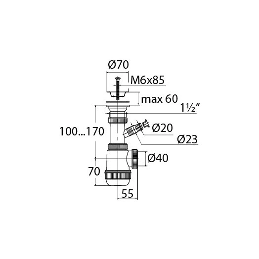 Сифон МИНИ ЭЛИТ для моек и раковин 1'1/2 х 40 мм с нержавеющей чашкой 70 мм и отводом для стиральной или посудомоечной машины