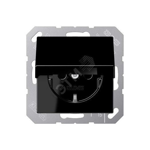 Штепсельная розетка SCHUKO одинарная, с заземлением, с крышкой, с шторками, 16A, 250В  (механизм + накладка, без рамки). Серия A500  Материал- дуропласт  Цвет- черный