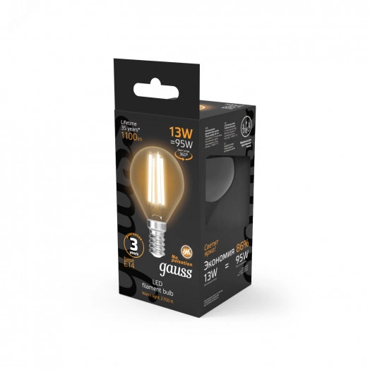 Лампа светодиодная LED 13Вт 1100Лм 2700К теплая Е14 Шар Filament Gauss