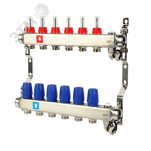 Коллекторная группа с расходомерами 1' х 6 выходов 3/4' НР евроконус с дренажным краном и воздухоотводчиком