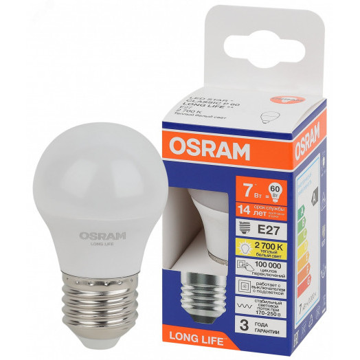 Лампа светодиодная LED 7Вт Е27 2700К 600Лм шар 220В (замена 60Вт) OSRAM