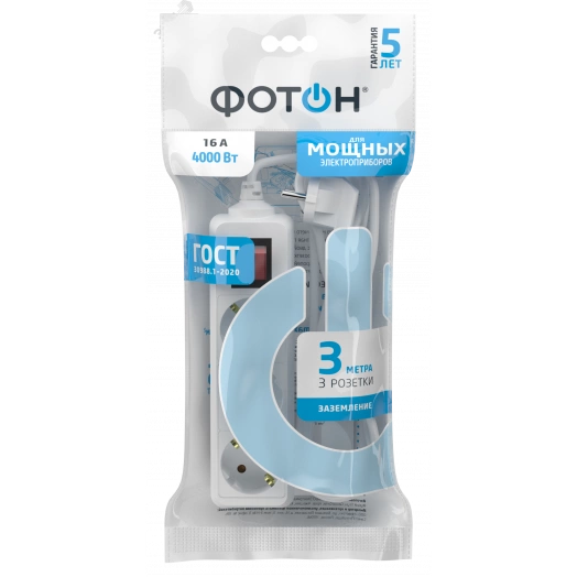 Удлинитель сетевой  16-33ЕS, 3м, 3 розетки, 16А, с выкл., с заземл., Белый