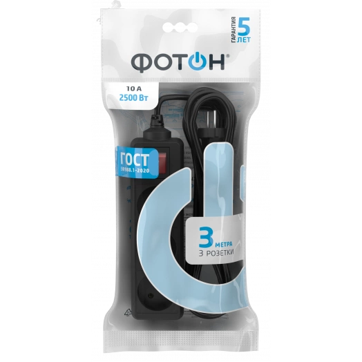 Удлинитель сетевой  10-33S, 3м, 3 розетки, 10А, с выкл., Черный