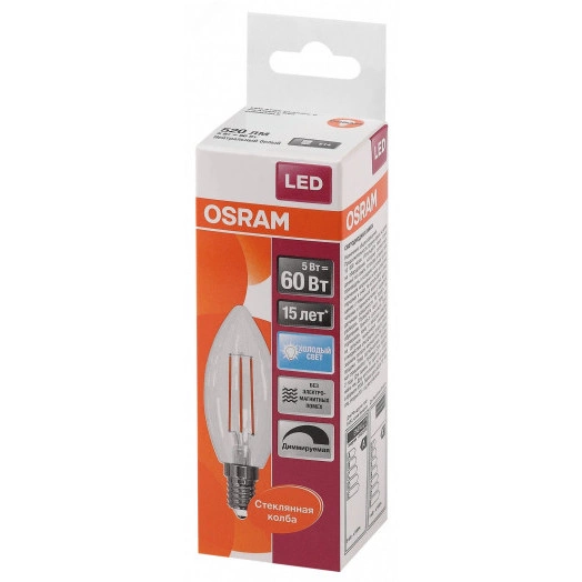 Лампа светодиодная LED 5Вт E14 CLB60D белый, Filament диммируемая,прозр.свеча OSRAM