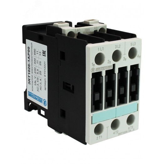 Контактор электромагнитный 3RT1026-1AP00, 3-пол., 25A, AC-3, 11кВт/400V, 230V AC, 50Гц, типоразмер S0, винтовые клеммы, IP20