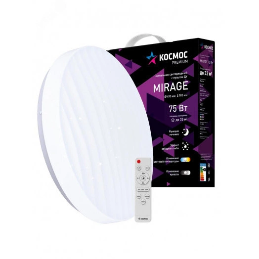 Светильник светодиодный ДБО-75 настенно-потолочный управляемый MIRAGE 230В 3000-6500K 6000Лм 495x105мм