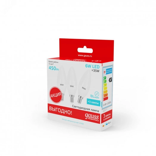 Лампа светодиодная LED 6 Вт 450 лм 4100К AC180-240В E14 свеча нейтральный (промоупаковка 3 лампы) Elementary