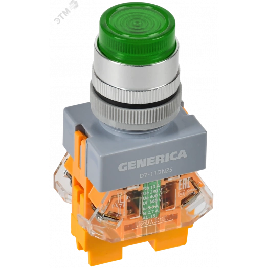 Кнопка D7-11DNZS d=22мм 1з+1р с подсв. и фикс. зеленая GENERICA