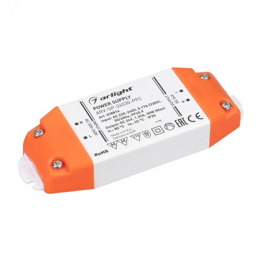 Блок питания ARV-SP-24030-PFC (24V, 1.25A, 30W) (IP20 Пластик, 5 лет)