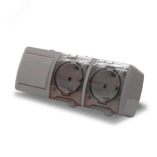 Клио блок наружный горизонтальный выключатель одноклавишный + розетка двухместная с прозрачной крышкой, IP54, с/з, 16А, 220В, серый