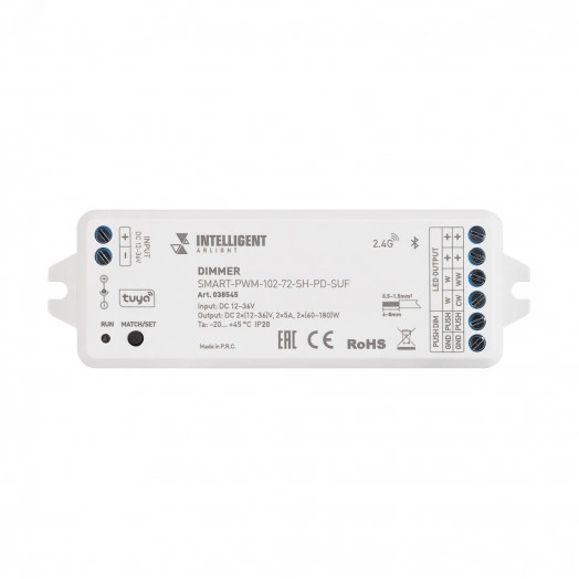 Диммер SMART-PWM-102-72-SH-PD-SUF (12-36V, 2x5A, TUYA BLE, 2.4G) (IARL, IP20 Пластик, 5 лет)