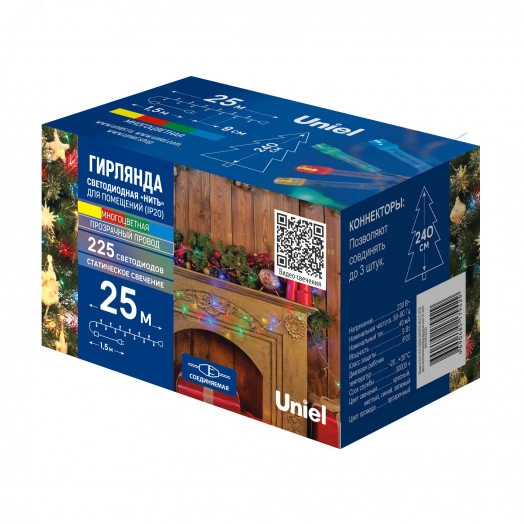 Гирлянда светодиодная 25м Соединяемая 225 светодиодов Разноцветный свет Провод прозрачный ULD-S2500-225/STK MULTI IP20