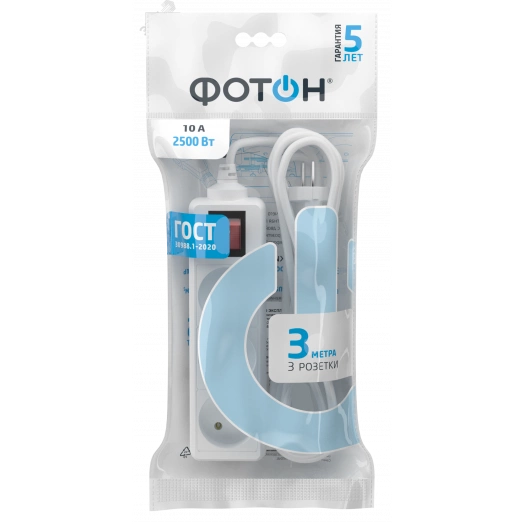 Удлинитель сетевой  10-33S, 3м, 3 розетки, 10А, с выкл., Белый