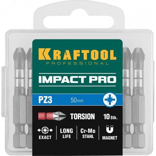 Биты Impact Pro, Pozidriv, тип хвостовика E 1/4'', PZ3, 50мм, 10шт, в пластиковом боксе