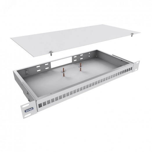 Кросс оптический 19'' частично укомплектованный 1U, 32 порта 2LC (сплошная панель, сплайс-кассета-2шт) серый RAL 7035