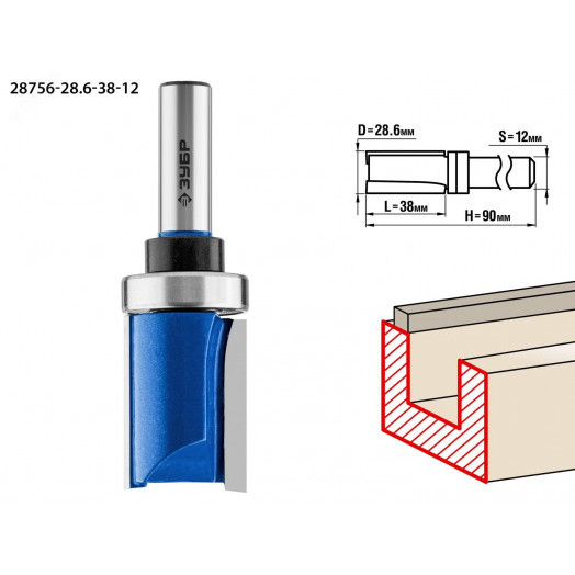Фреза пазовая прямая с верхним подшипником 28,6x38мм, хвостовик 12мм