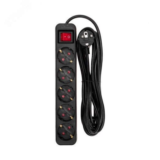 Удлинитель STANDARD 5 гнезд, 5 м, 3х1,0 мм2, с/з, с выключателем, черный