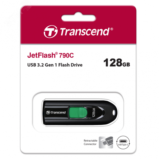 Флеш накопитель 128GB JetFlash 790С, USB 3.2 Gen 1, выдвижной, черный, синий