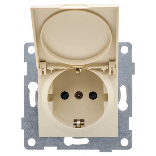 GUSI Ugra механизм розетки одинарной с заземлением с защитной шторкой и крышкой, в комплекте с кожухом IP44 К502, скрытая установка, 16А, 250В. Цвет бежевый