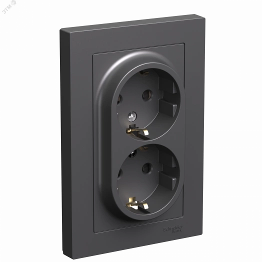 ATLASDESIGN РОЗЕТКА двойная с заземлением со шторками, 16А, в сборе, БАЗАЛЬТ