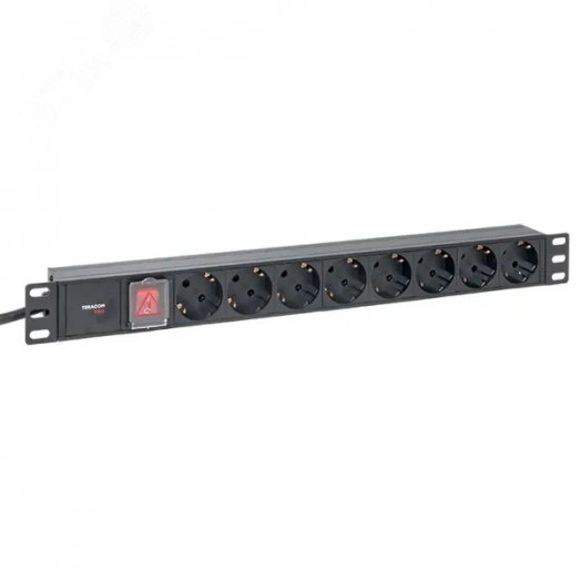 Блок розеток PDU TERACOM PRO 19'' 1U 16А/250В 8 розеток Schuko с выключателем шнур питания длиной 2 метра сечение 3x1.5 мм2 вилка Schuko корпус алюминий черный