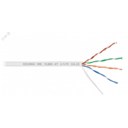 Кабель U/UTP 4 пары, Кат.5e (Класс D), тест по ISO/IEC, 100МГц, одножильный, BC (чистая медь), 24AWG (0,52мм), полимерный материал нг(А)-HF, внутренний, белый, 305м