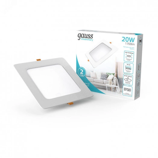 Светильник светодиодный ДВО 18 Вт 4000К 1600 лм 170-260В IP20 170х170х26мм монт разм 140х140мм Пластик Elementary Gauss