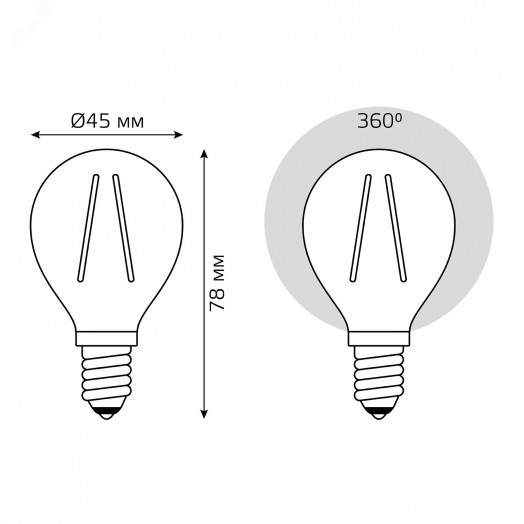 Лампа светодиодная филаментная LED 3.8 Вт 350 лм 2400К шар P45 теплый E14 AC 180-240В IP20 золотистая колба Basic Gauss