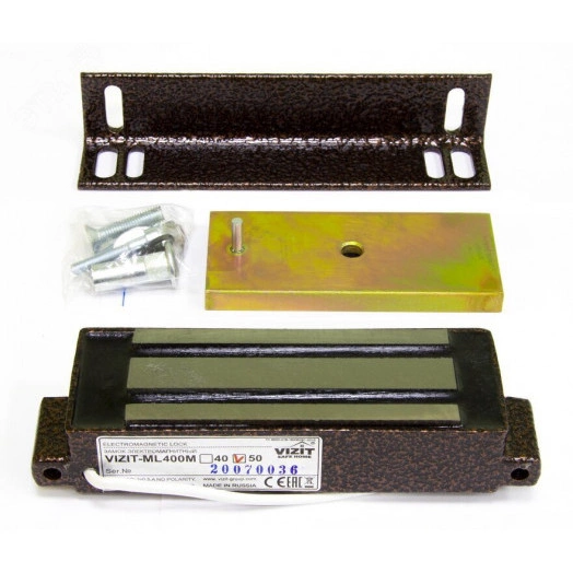 Замок электромагнитный (12VDC, 0,6А, 400кг),встроенный модуль перемагничивания, монтажный комплект, уголок 40х50мм., толщина уголка 4мм.
