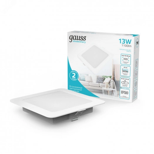 Светильник светодиодный ДВО 12 Вт 4000К 1000 лм 170-260В IP20 145х145х26мм монт разм 120х120мм Пластик Elementary Gauss