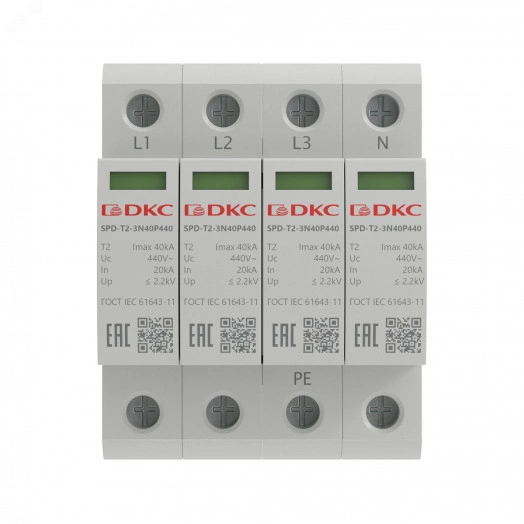 УЗИП, тип 2, 4 полюса, Imax 40kA, со сменным      модулем, Un 440V