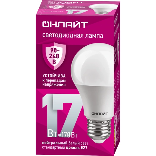 Лампа светодиодная 17вт OLL-A60-17-230-4K-E27 PRO 90-240В ОНЛАЙТ