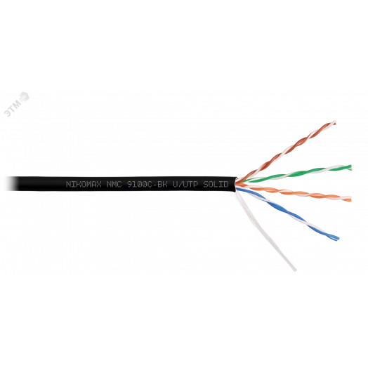 Кабель U/UTP 4 пары, Кат.5e (Класс D), тест по ISO/IEC, 100МГц, одножильный, BC (чистая медь), 24AWG (0,52мм), полимерный материал нг(А)-HF, внутренний/внешний, черный, 305м