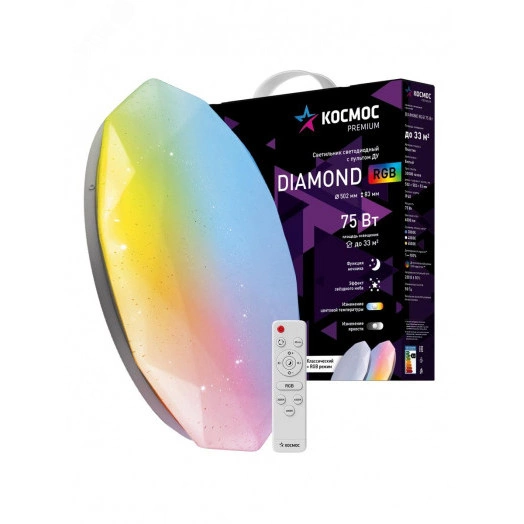 Светильник светодиодный ДБО-75 настенно-потолочный управляемый DIAMOND-RGB 230В 3000-6500K 6000Лм 502x83мм с RGB подсветкой