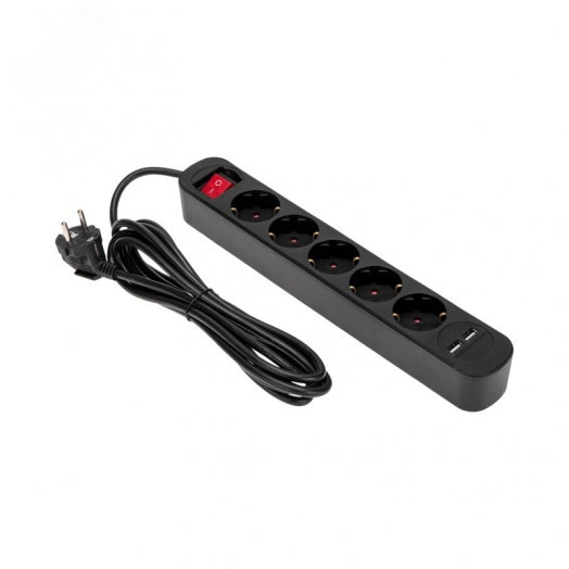 Удлинитель STANDARD 5 гнезд, 3 м, 3х1,0 мм2, с/з, с выключателем, 2 USB, черный