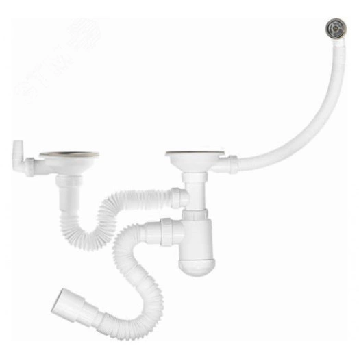 Сифон для кухни 3 1/2х40 двойной УНИВЕРС. (нержавеющая чашка, 2 перелива, с/без отведения для стиральной машинки) с гофротрубой 40х40/50