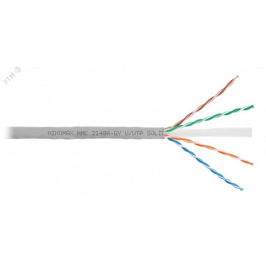 Кабель U/UTP 4 пары, Кат.6 (Класс E), тест по ISO/IEC, 250МГц, одножильный, BC (чистая медь), 23AWG (0,53мм), поливинилхлорид, внутренний, серый, 305м